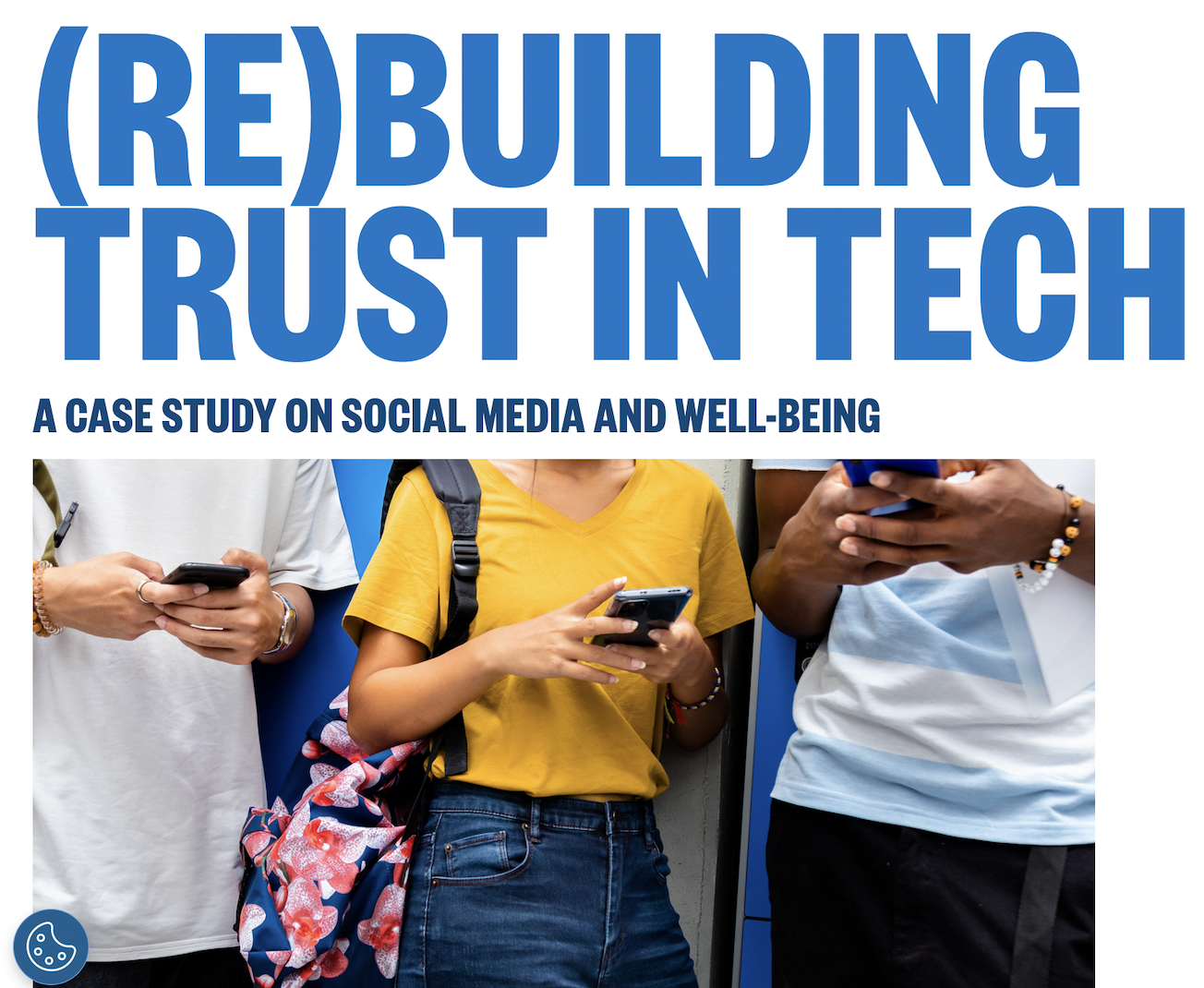 3 people working on smartphones, with the report title (re)building trust in tech above